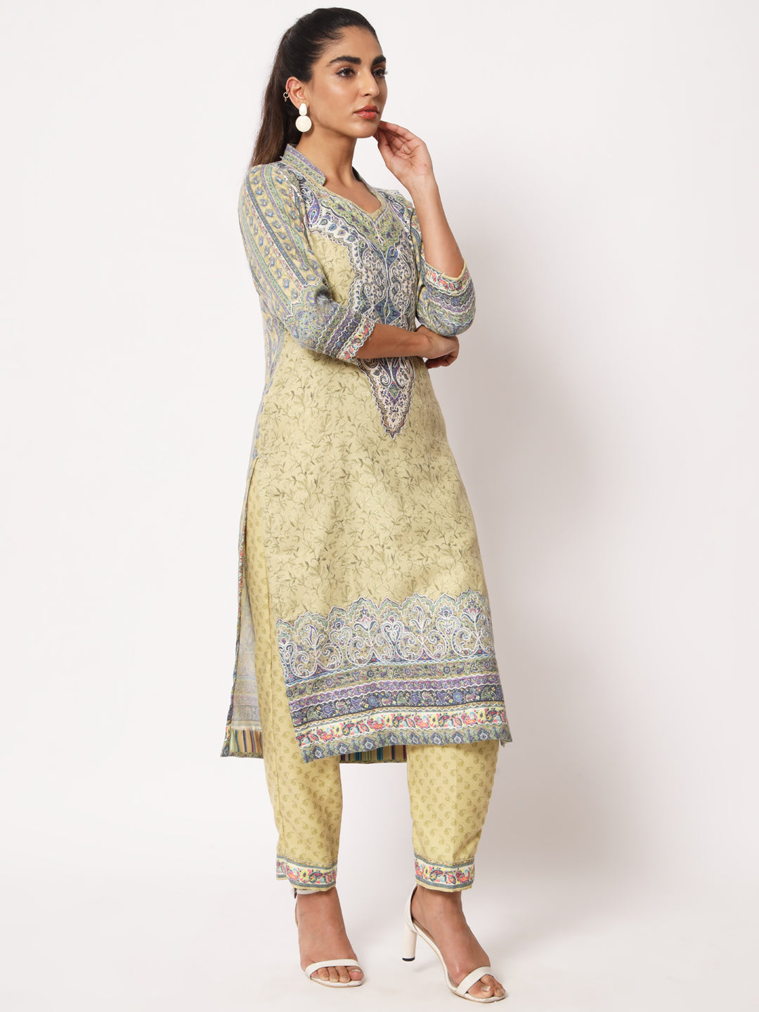 Unstitched Printed Design Kalamkari Handwork Dress Material | Olive