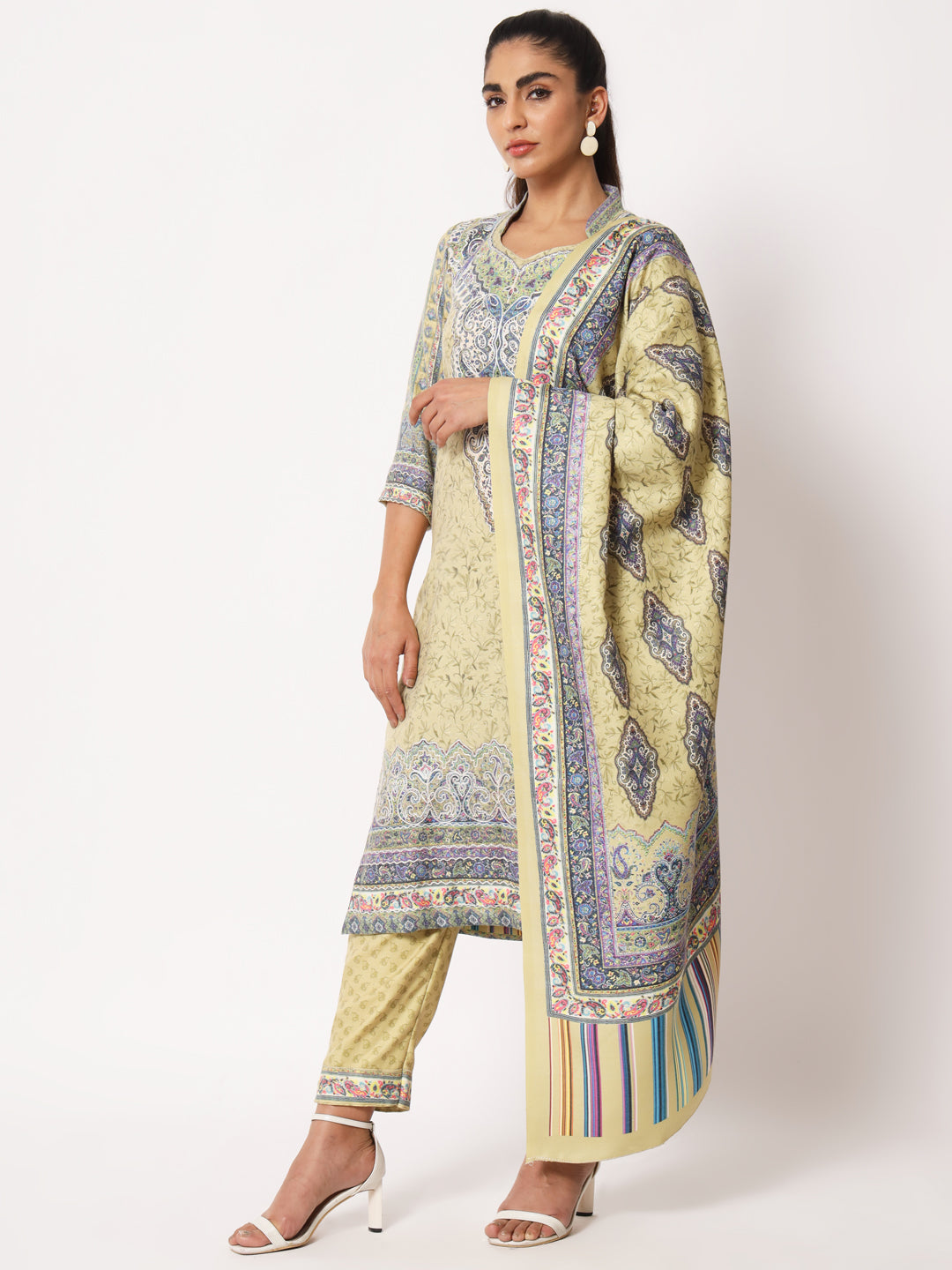 Unstitched Printed Design Kalamkari Handwork Dress Material | Olive