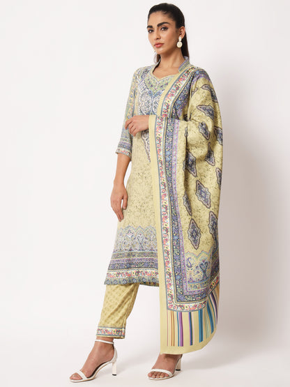Unstitched Printed Design Kalamkari Handwork Dress Material | Olive