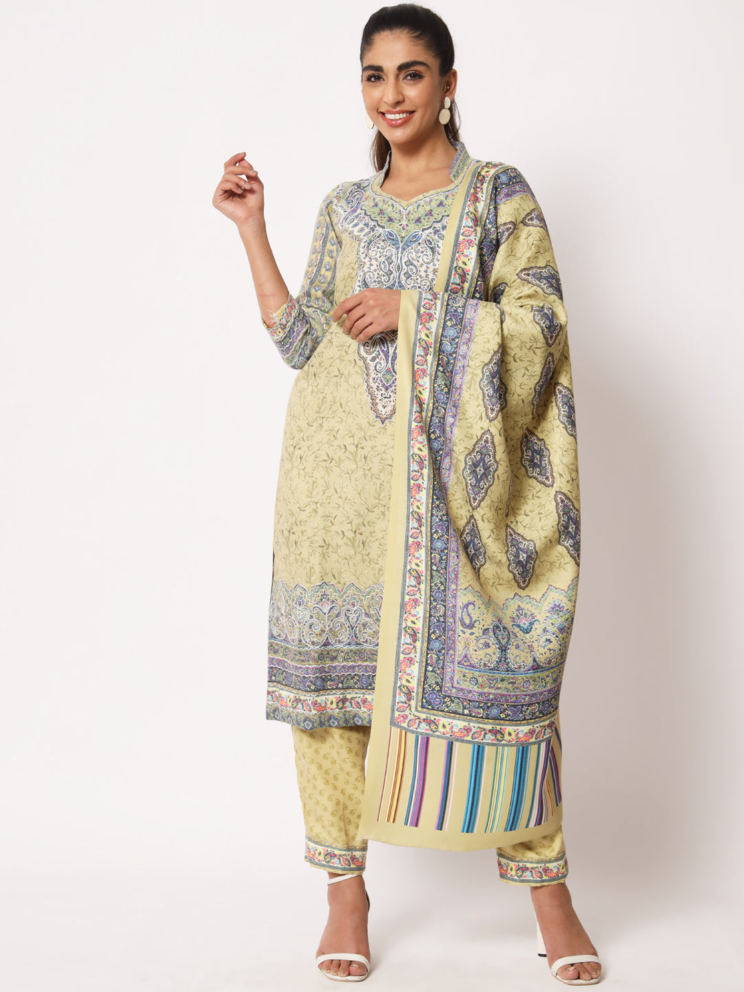 Unstitched Printed Design Kalamkari Handwork Dress Material | Olive