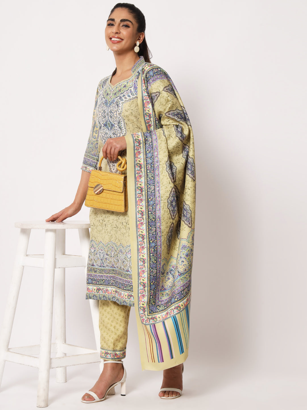 Unstitched Printed Design Kalamkari Handwork Dress Material | Olive