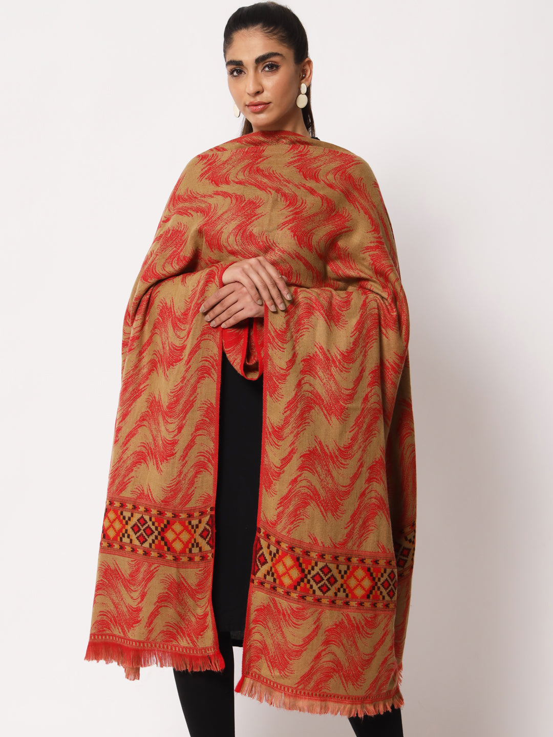 Kullu Himalayan Striped Bordered Reversible Shawl for Women | Red