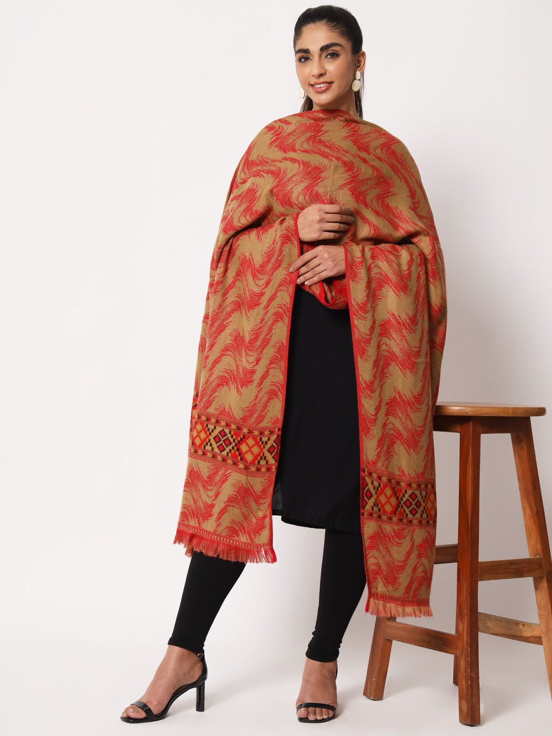 Kullu Himalayan Striped Bordered Reversible Shawl for Women | Red
