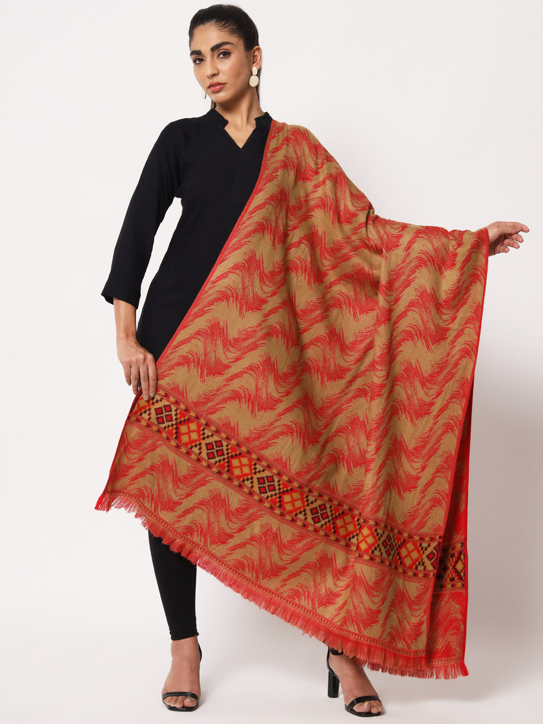 Kullu Himalayan Striped Bordered Reversible Shawl for Women | Red