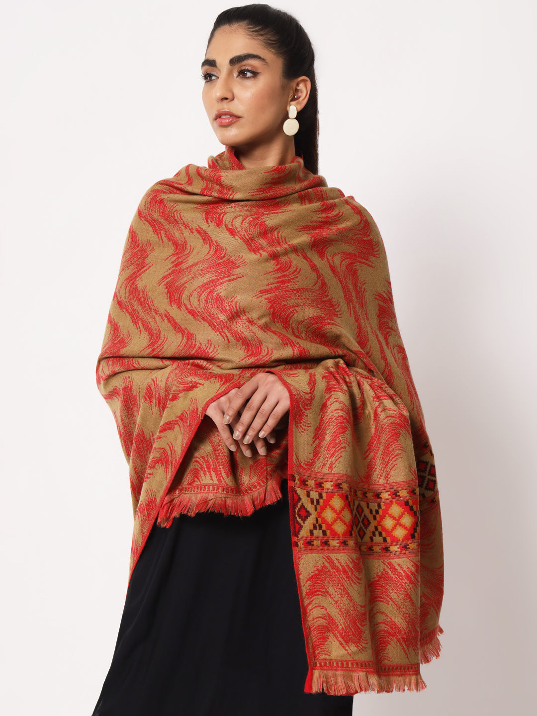 Kullu Himalayan Striped Bordered Reversible Shawl for Women | Red