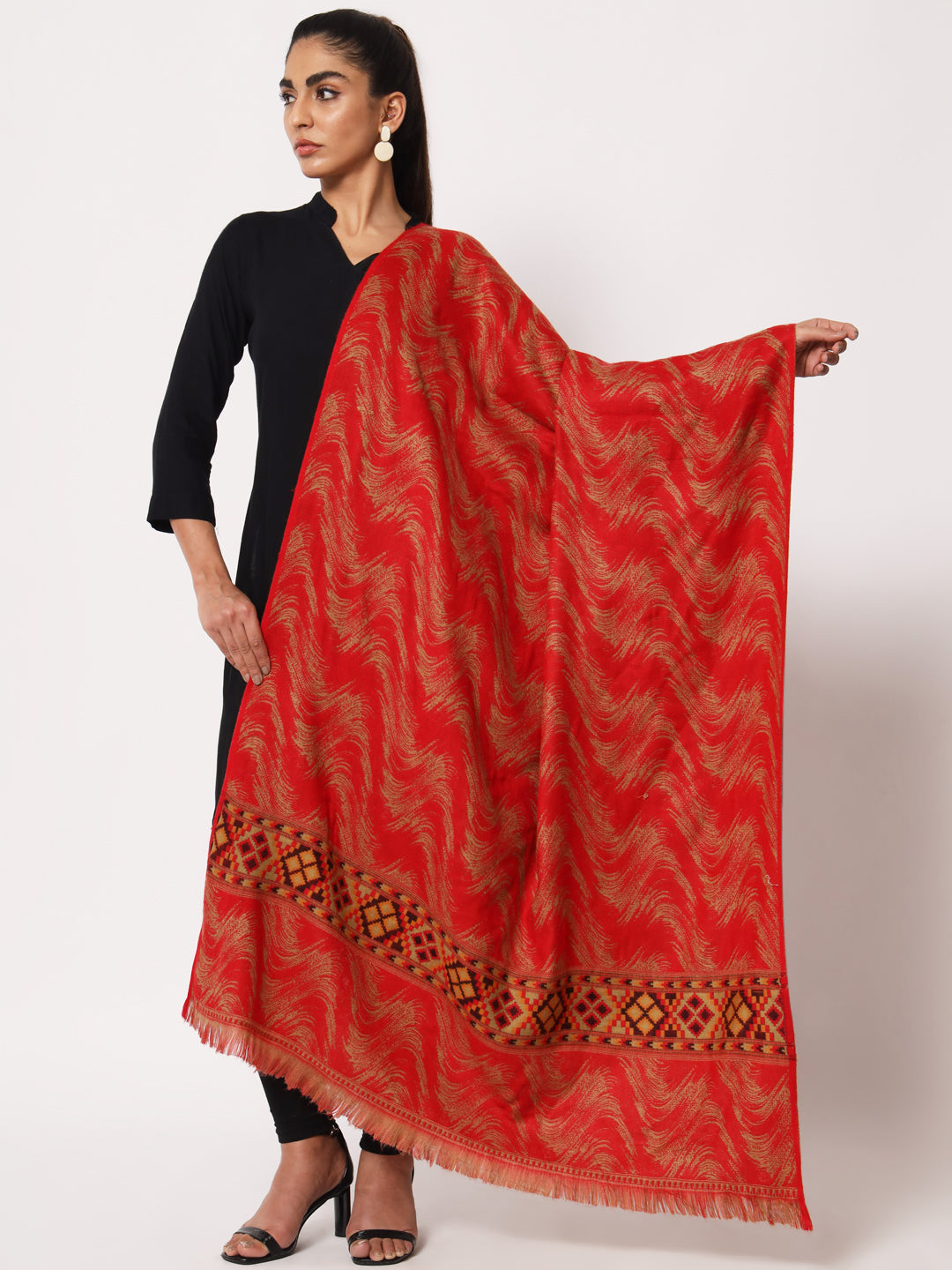 Kullu Himalayan Striped Bordered Reversible Shawl for Women | Red