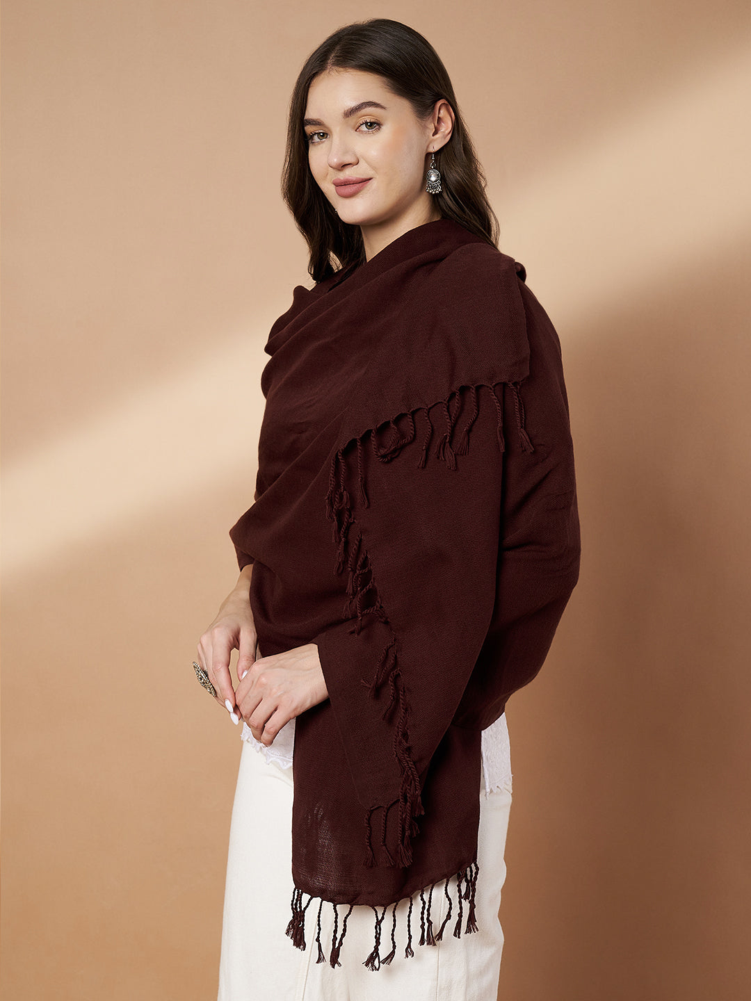 Plain Brown Woolen Stole for Women | Coffee