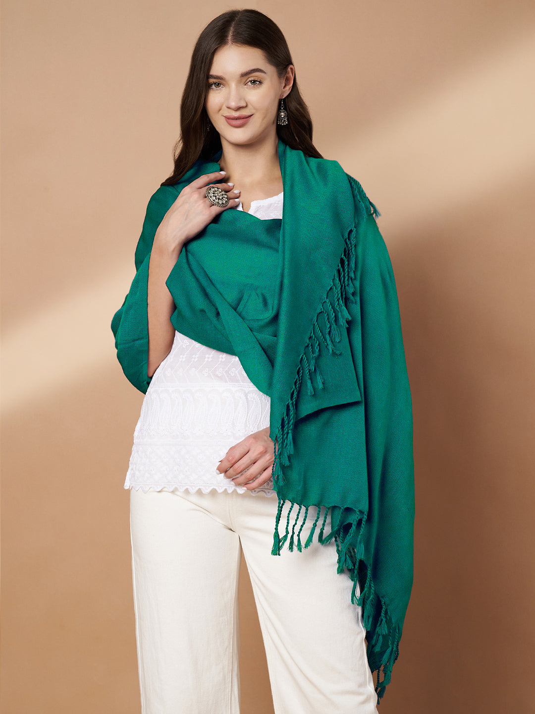 Plain Green Woolen Stole for Women | Seagreen