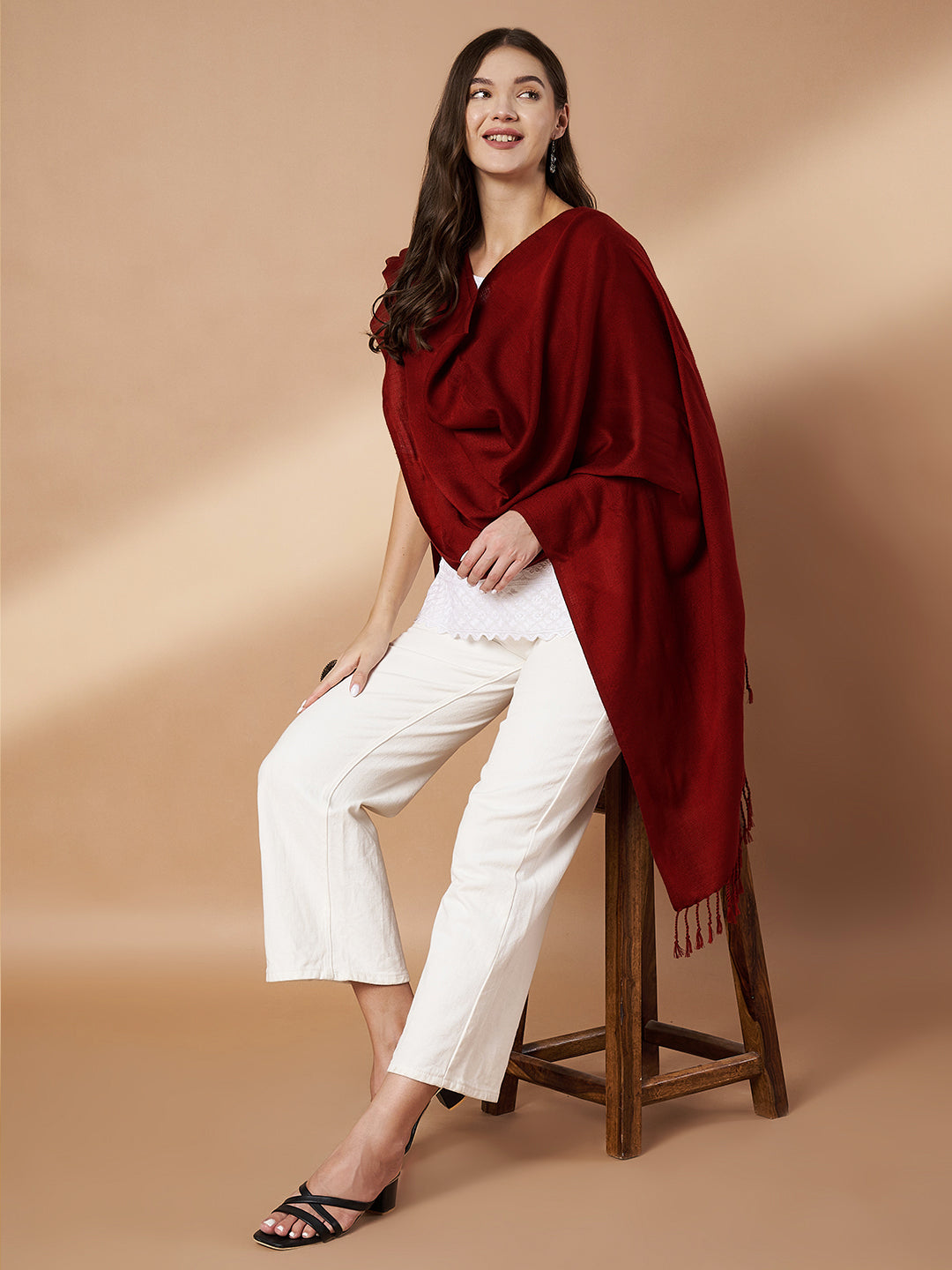 Plain Maroon Woolen Stole for Women | Maroon