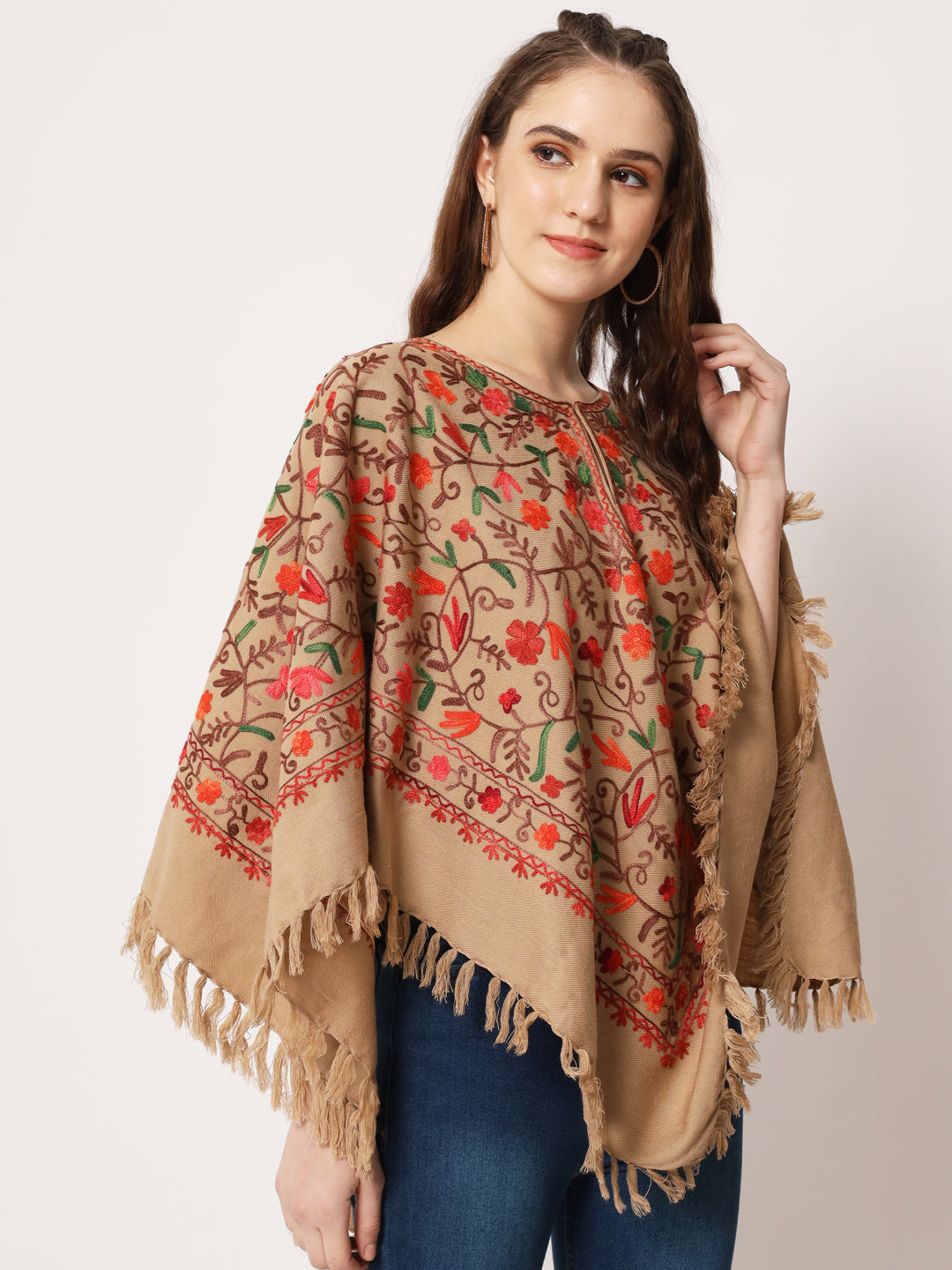 Woolen Kashmiri Poncho with Jaal Embroidery and Silk Lining | Brown