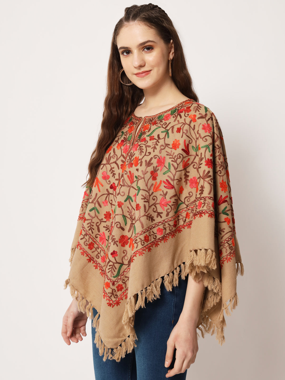 Woolen Kashmiri Poncho with Jaal Embroidery and Silk Lining | Brown