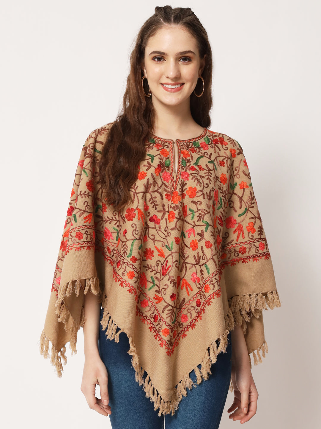 Woolen Kashmiri Poncho with Jaal Embroidery and Silk Lining | Brown