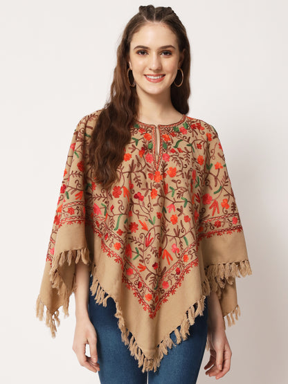 Woolen Kashmiri Poncho with Jaal Embroidery and Silk Lining | Brown
