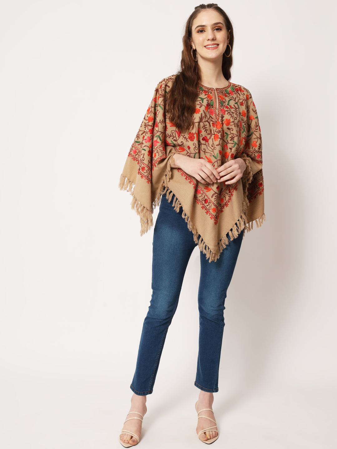 Woolen Kashmiri Poncho with Jaal Embroidery and Silk Lining | Brown