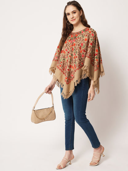 Woolen Kashmiri Poncho with Jaal Embroidery and Silk Lining | Brown