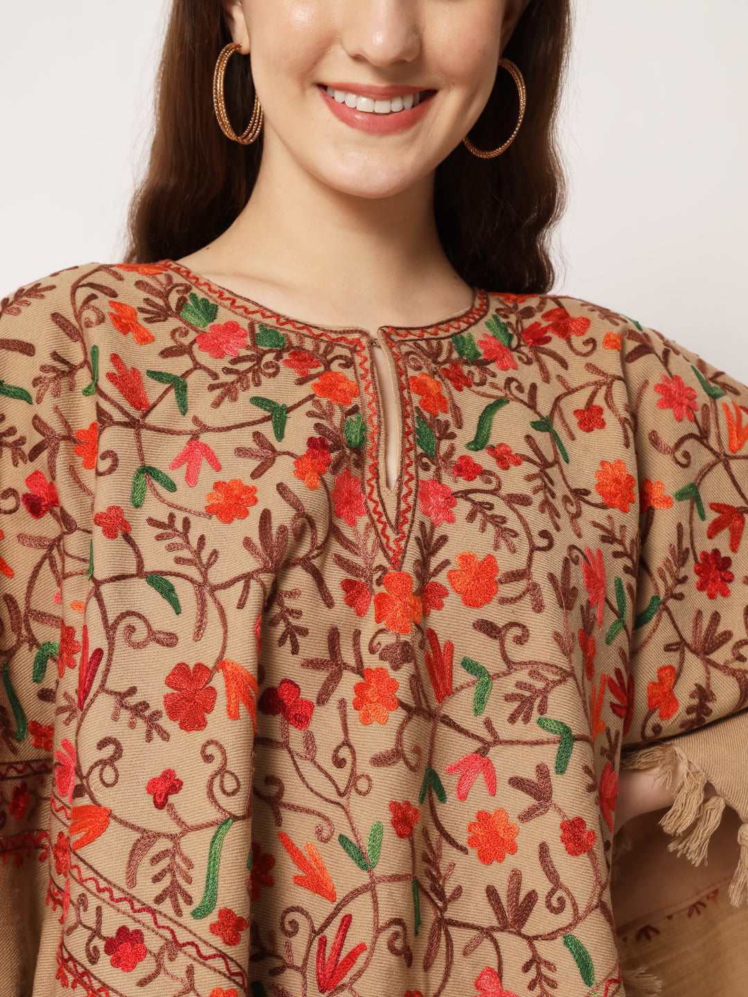 Woolen Kashmiri Poncho with Jaal Embroidery and Silk Lining | Brown