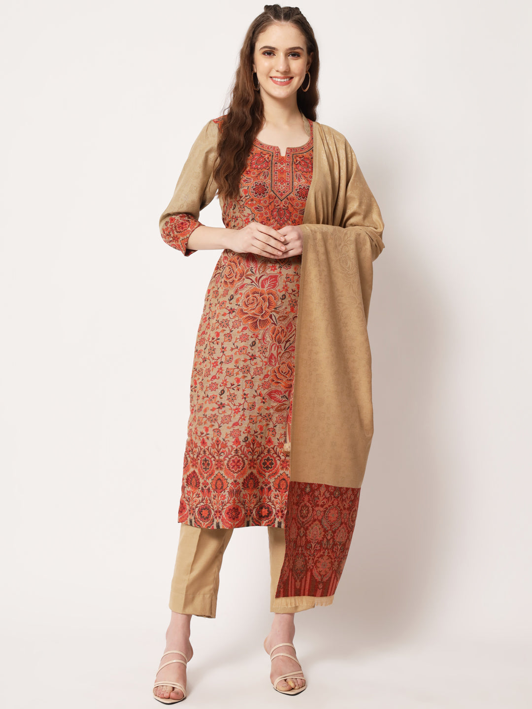 Unstitched Kani Woven Design Suit Dress Material | Brown