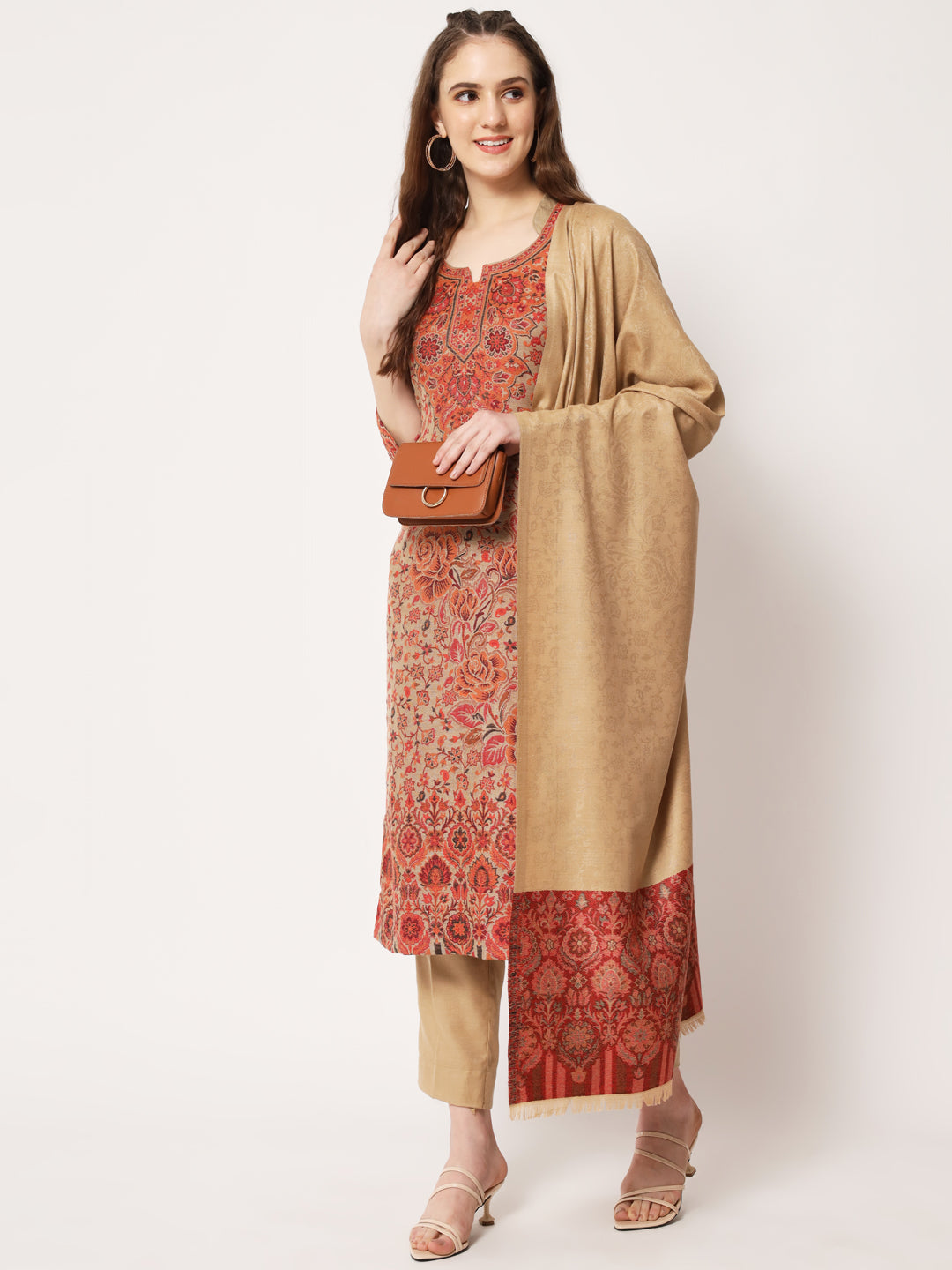Unstitched Kani Woven Design Suit Dress Material | Brown