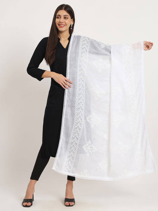 Women Floral Embroidery Pure Cotton Dupatta | White