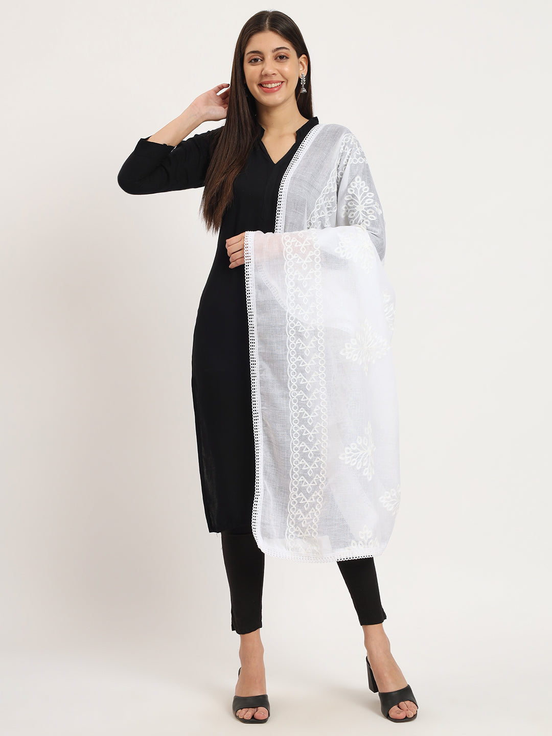 Women Floral Embroidery Pure Cotton Dupatta | White