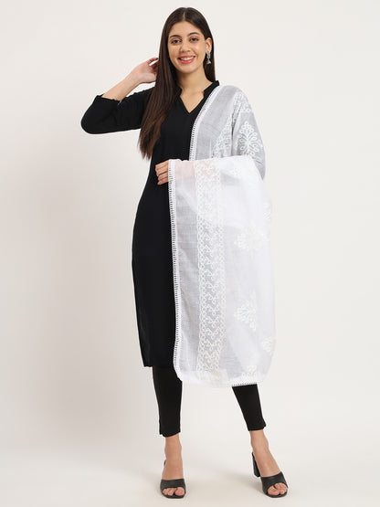 Women Floral Embroidery Pure Cotton Dupatta | White