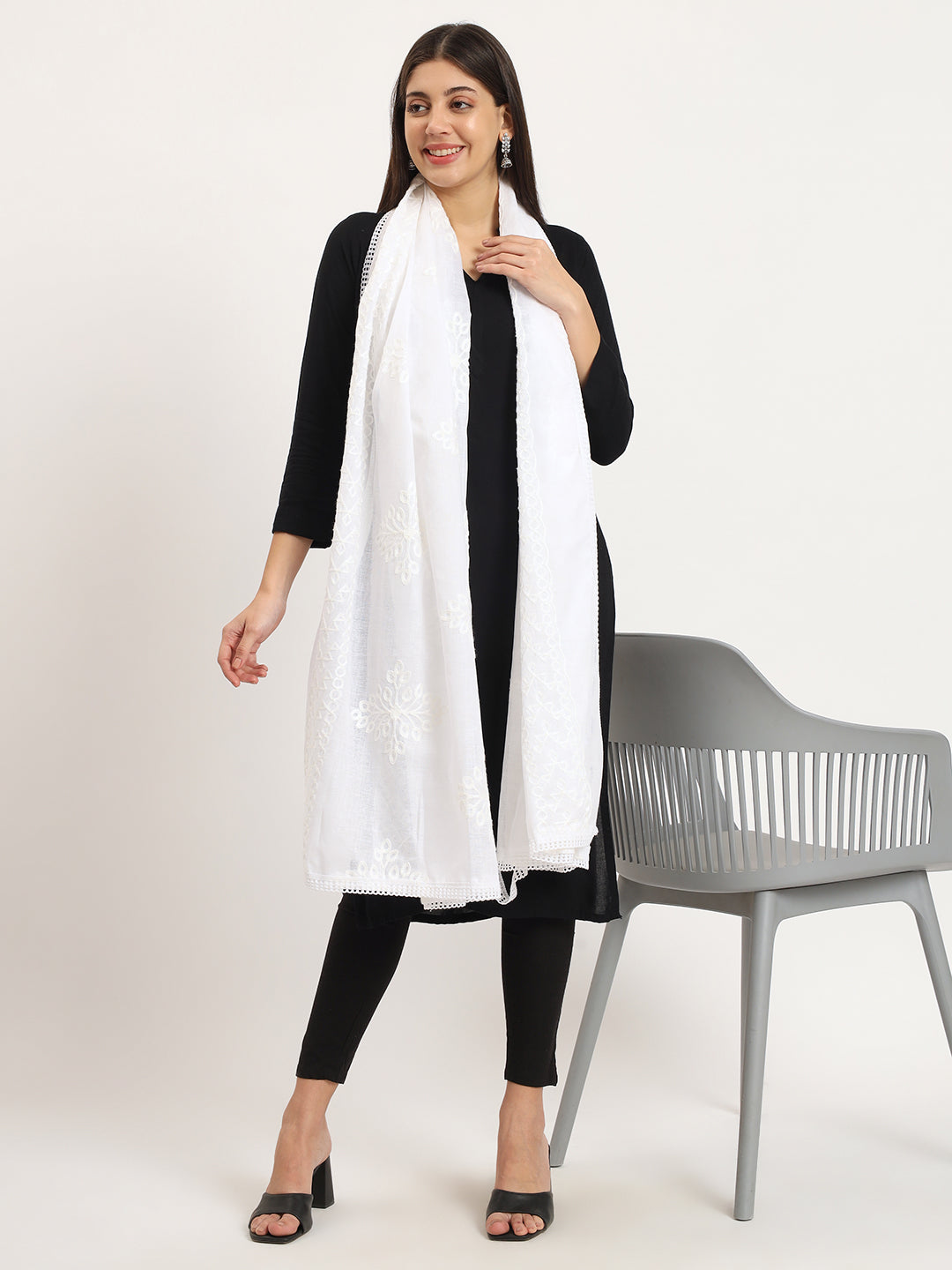 Pair of 2 Pure Cotton Embroidered Dupatta for Women | Black and White