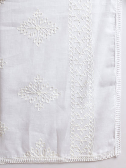 Women Floral Embroidery Pure Cotton Dupatta | White