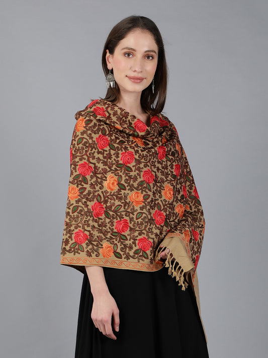 Kashmiri Aari Embroidered Woollen Stole | Brown