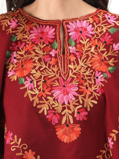 Woolen Poncho with Kashmiri Embroidery and Silk Lining | Maroon