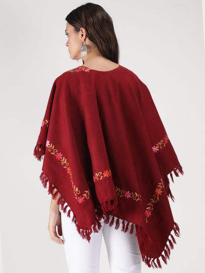 Woolen Poncho with Kashmiri Embroidery and Silk Lining | Maroon