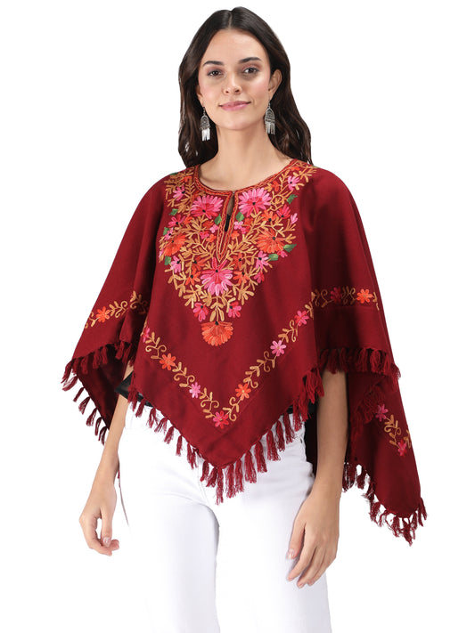 Woolen Poncho with Kashmiri Embroidery and Silk Lining | Maroon