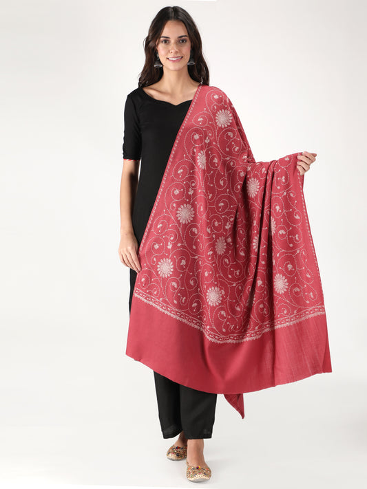 Fine Embroidery Paper Mache Kashmiri Wool Shawl | Red
