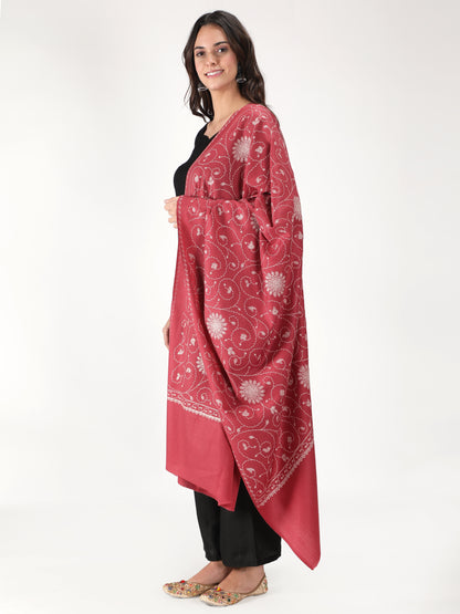 Fine Embroidery Paper Mache Kashmiri Wool Shawl | Red