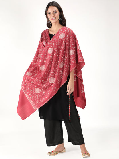 Fine Embroidery Paper Mache Kashmiri Wool Shawl | Red