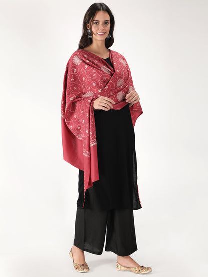 Fine Embroidery Paper Mache Kashmiri Wool Shawl | Red