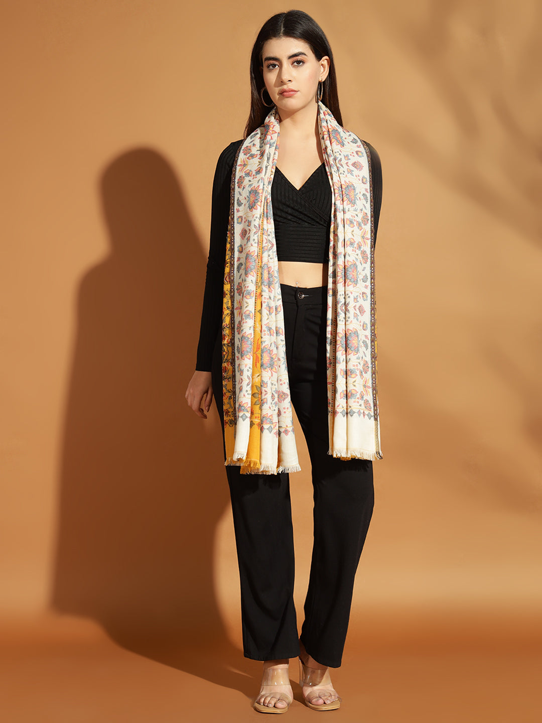 Two Tone Kani Weave Floral Motif Pure Wool Shawl For Women | Yellow White