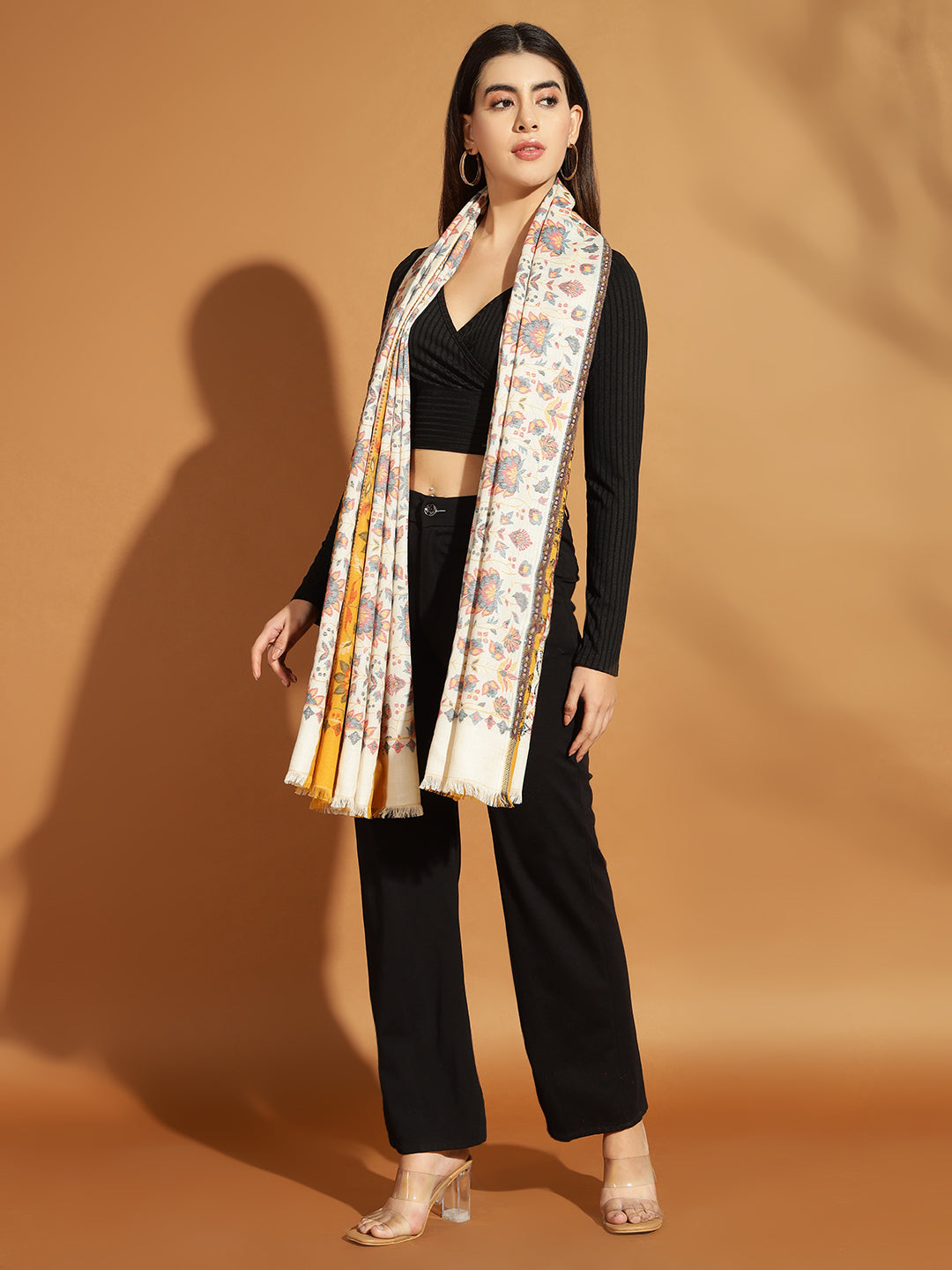Two Tone Kani Weave Floral Motif Pure Wool Shawl For Women | Yellow White