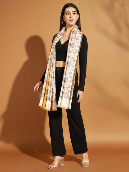 Two Tone Kani Weave Floral Motif Pure Wool Shawl For Women | Yellow White