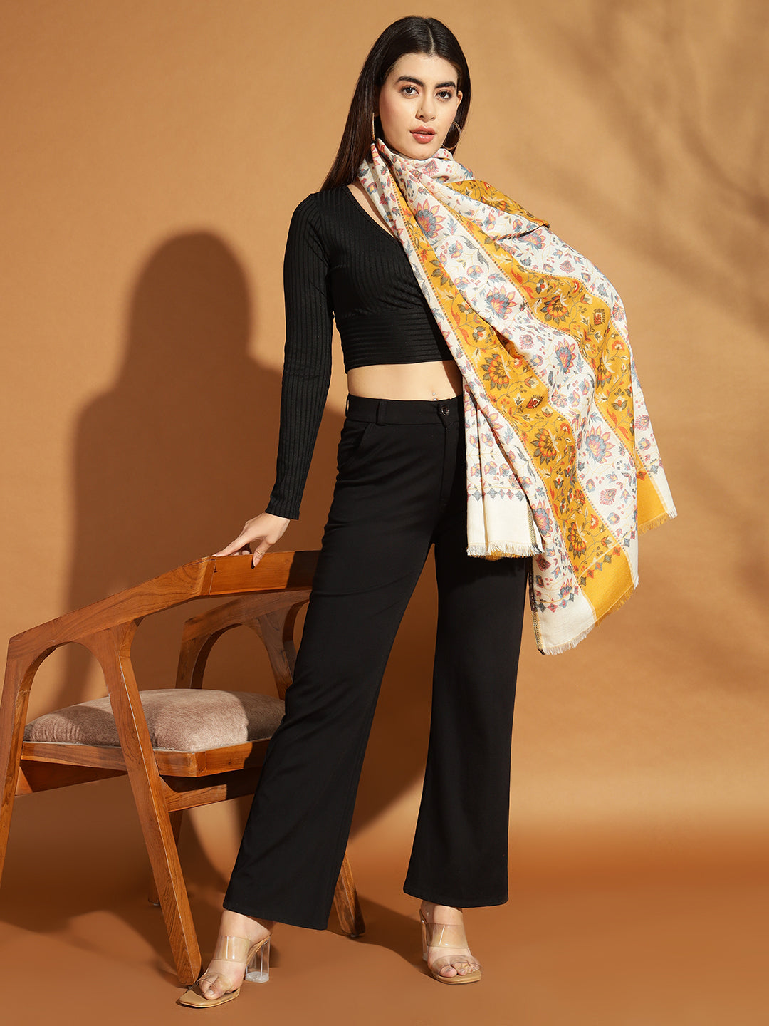 Two Tone Kani Weave Floral Motif Pure Wool Shawl For Women | Yellow White