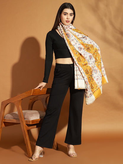 Two Tone Kani Weave Floral Motif Pure Wool Shawl For Women | Yellow White