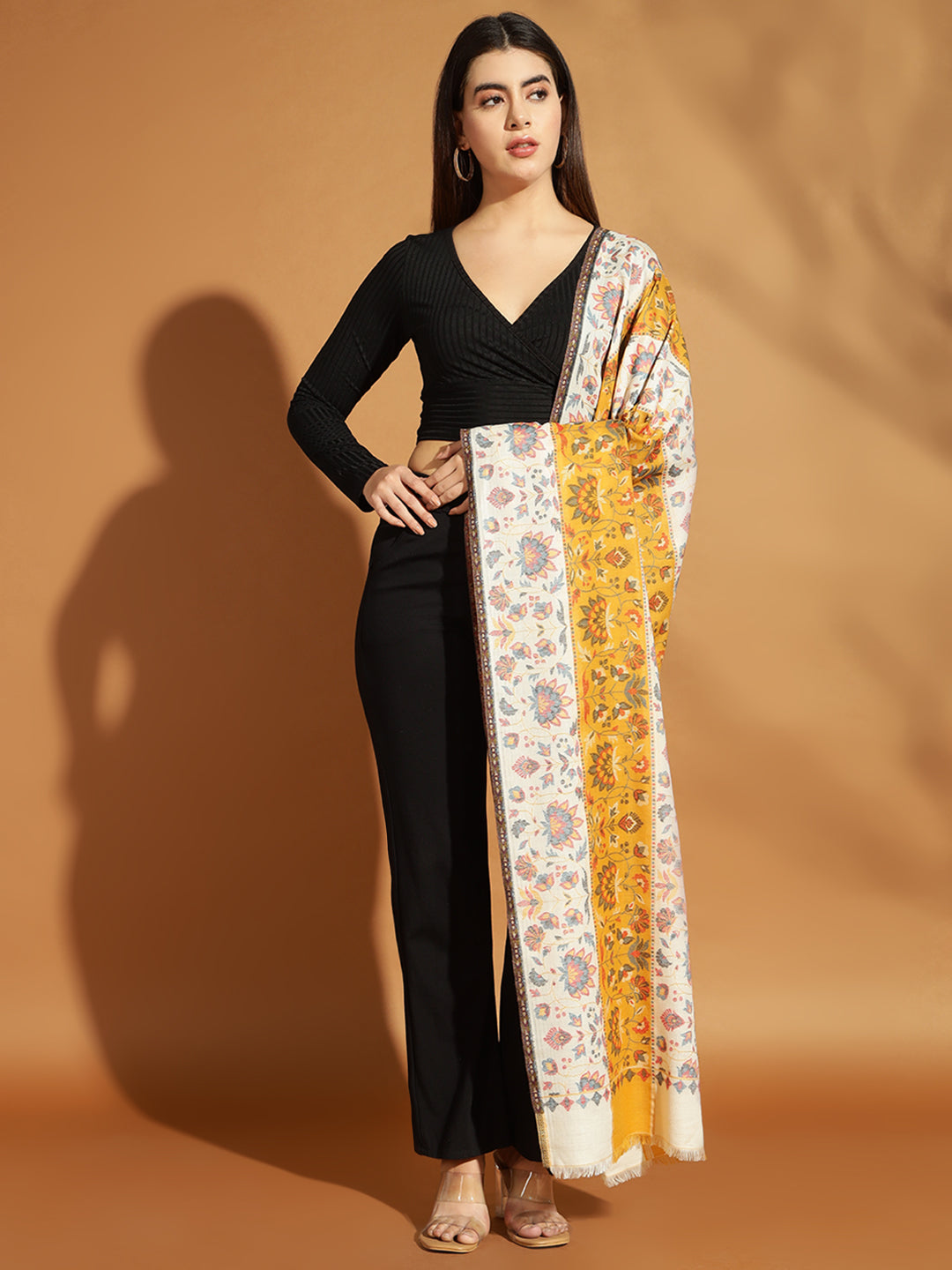 Two Tone Kani Weave Floral Motif Pure Wool Shawl For Women | Yellow White