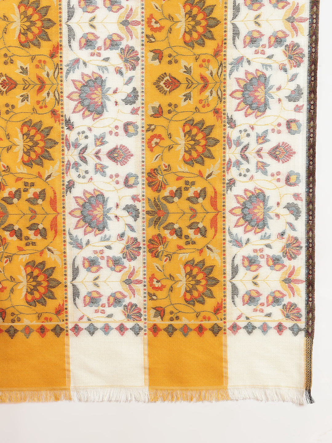 Two Tone Kani Weave Floral Motif Pure Wool Shawl For Women | Yellow White