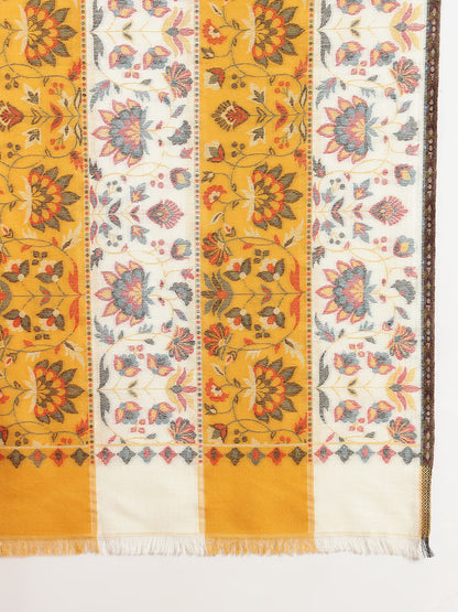 Two Tone Kani Weave Floral Motif Pure Wool Shawl For Women | Yellow White