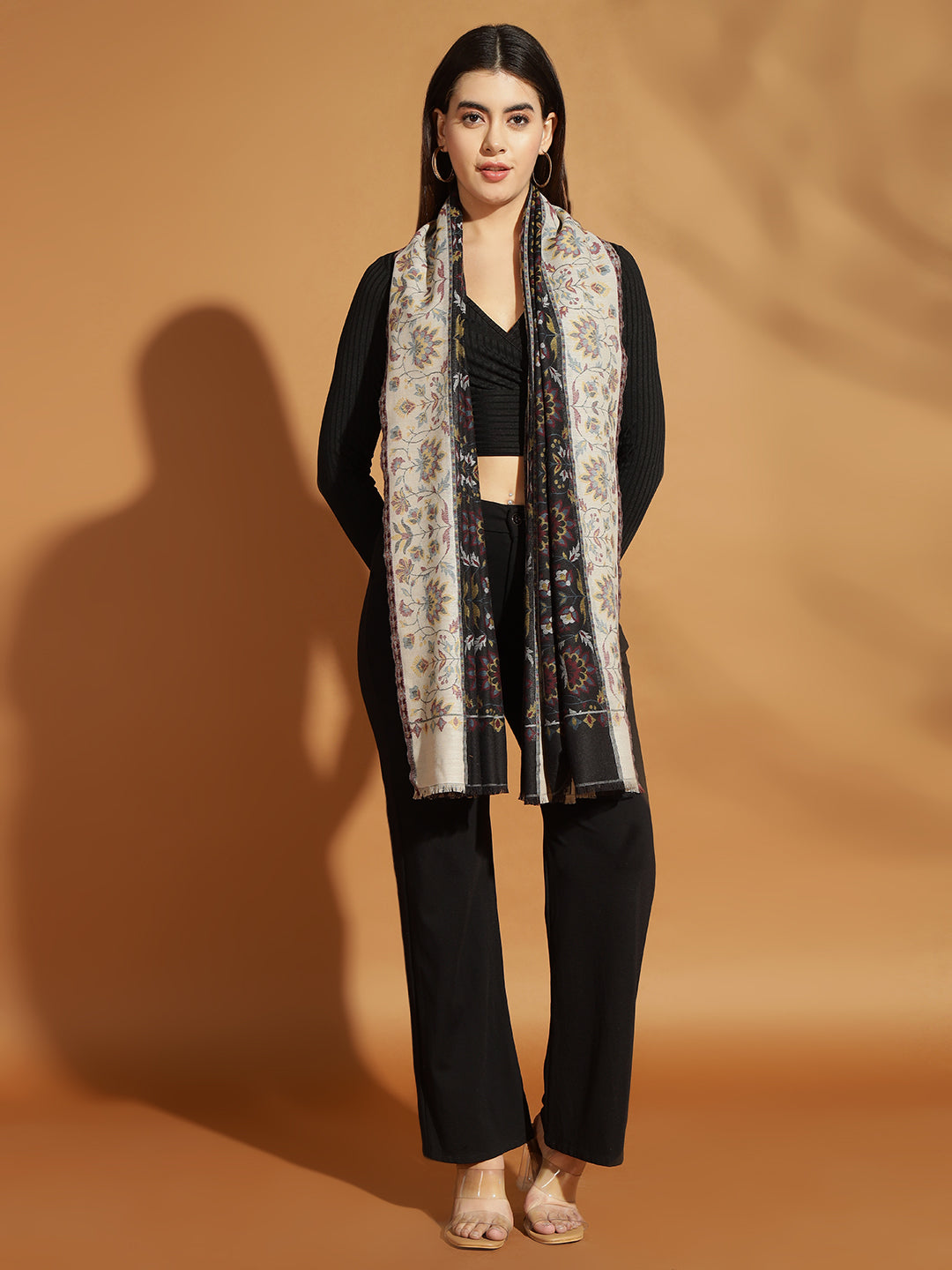 Two Tone Kani Weave Floral Motif Pure Wool Shawl For Women | Black Beige