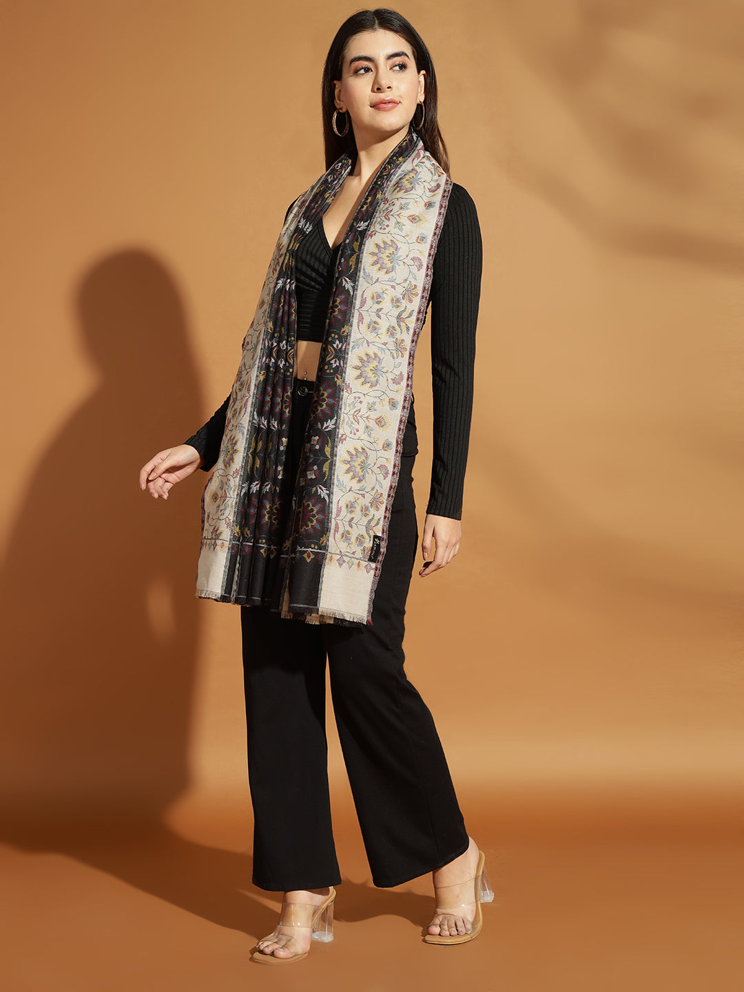 Two Tone Kani Weave Floral Motif Pure Wool Shawl For Women | Black Beige