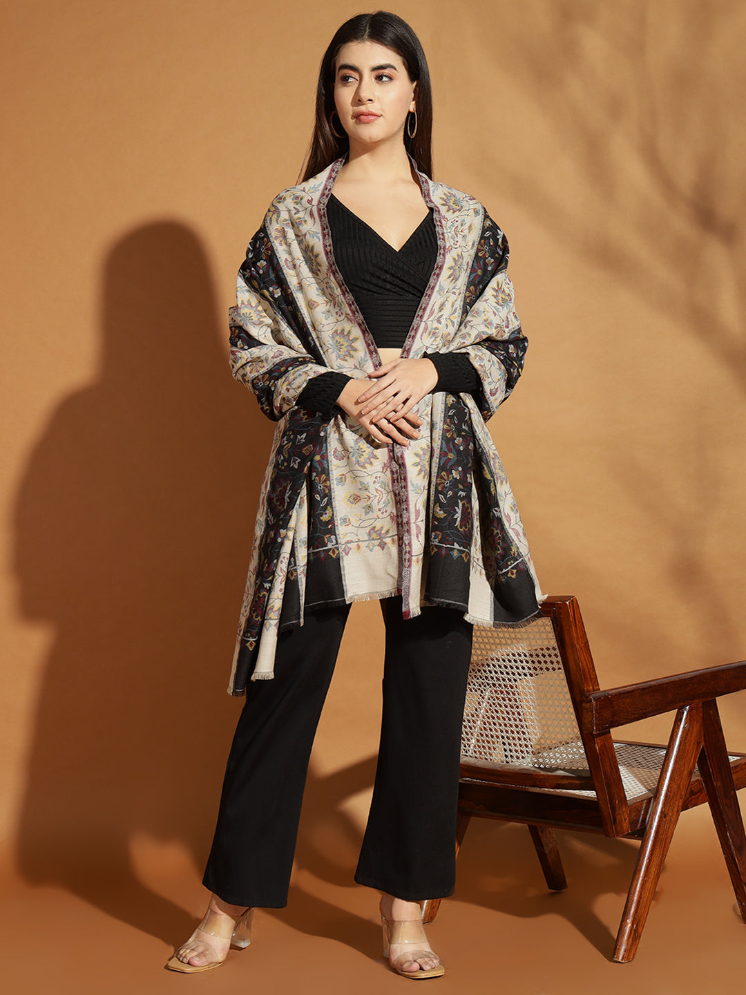 Two Tone Kani Weave Floral Motif Pure Wool Shawl For Women | Black Beige