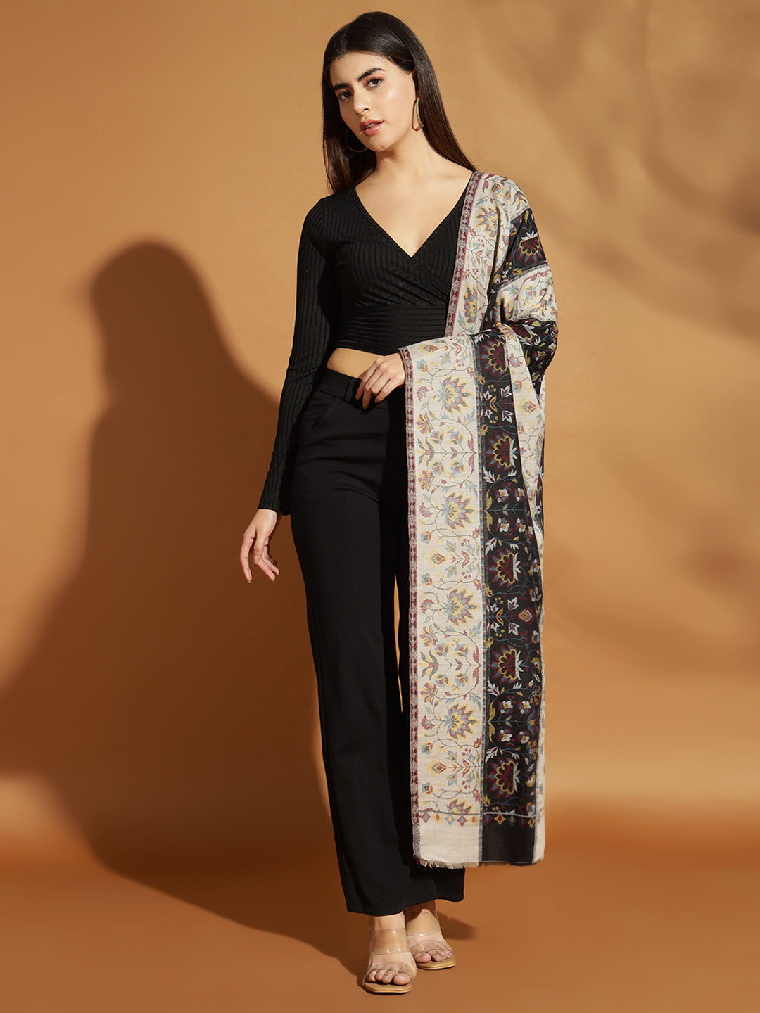 Two Tone Kani Weave Floral Motif Pure Wool Shawl For Women | Black Beige