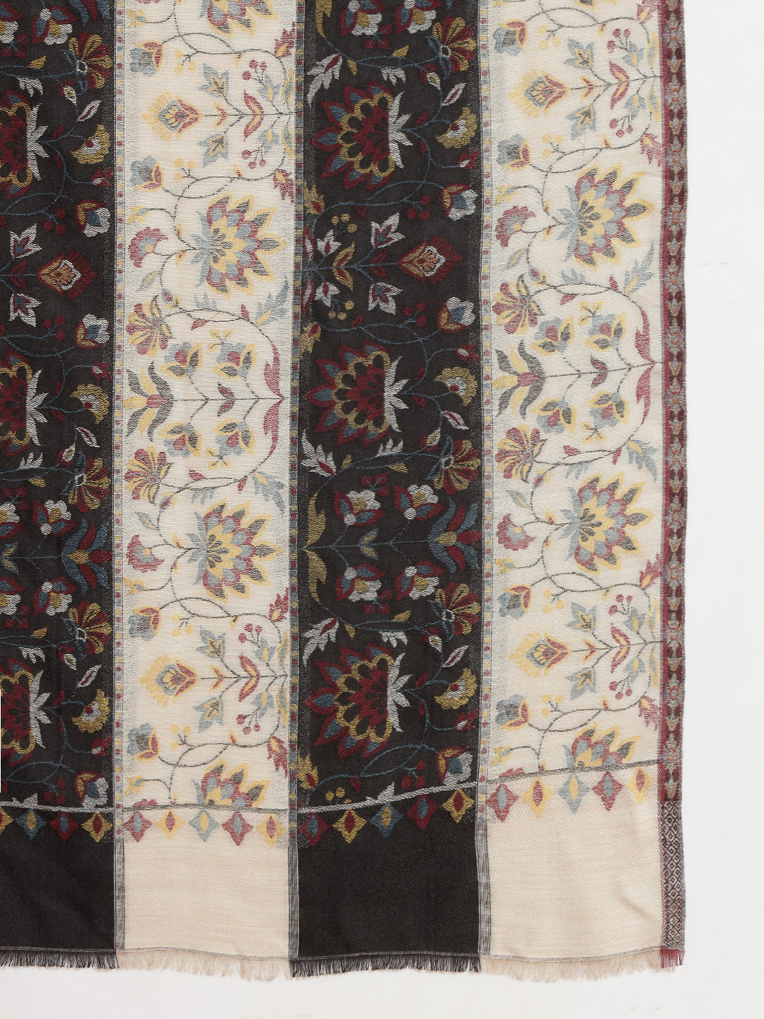 Two Tone Kani Weave Floral Motif Pure Wool Shawl For Women | Black Beige