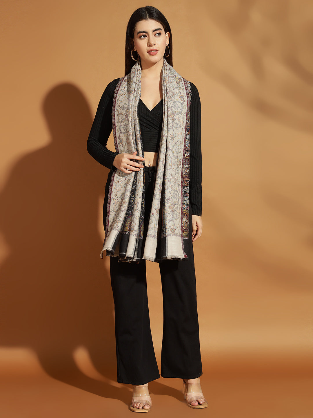Two Tone Kani Weave Floral Motif Pure Wool Shawl For Women | Black Beige