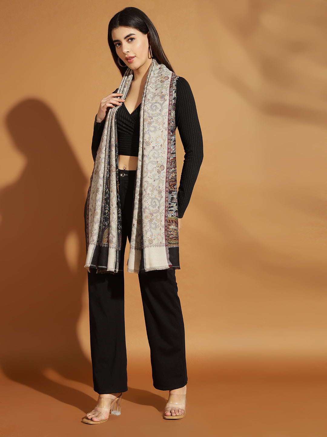 Two Tone Kani Weave Floral Motif Pure Wool Shawl For Women | Black Beige
